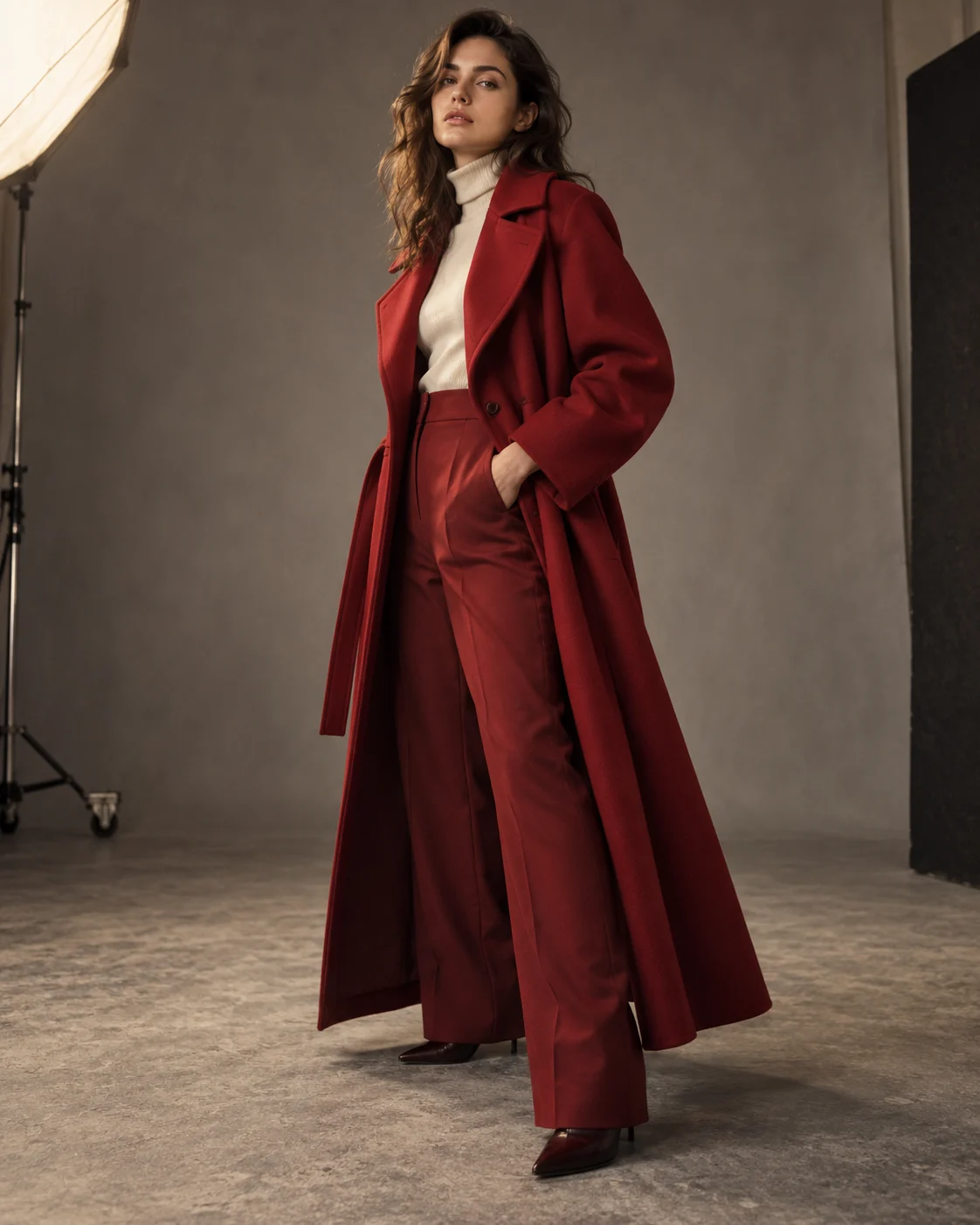 Fashion model in sculptural red tailoring