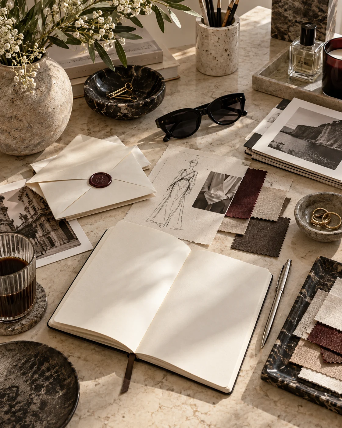 Editorial desk with fashion proofs and creative notes
