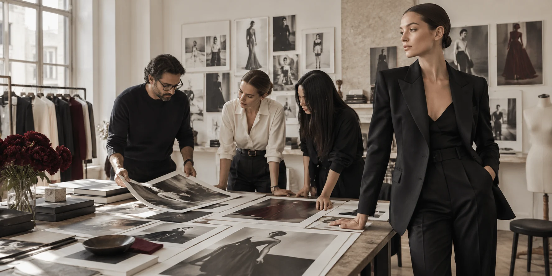 Editorial proofing workspace with marked pages and fashion imagery
