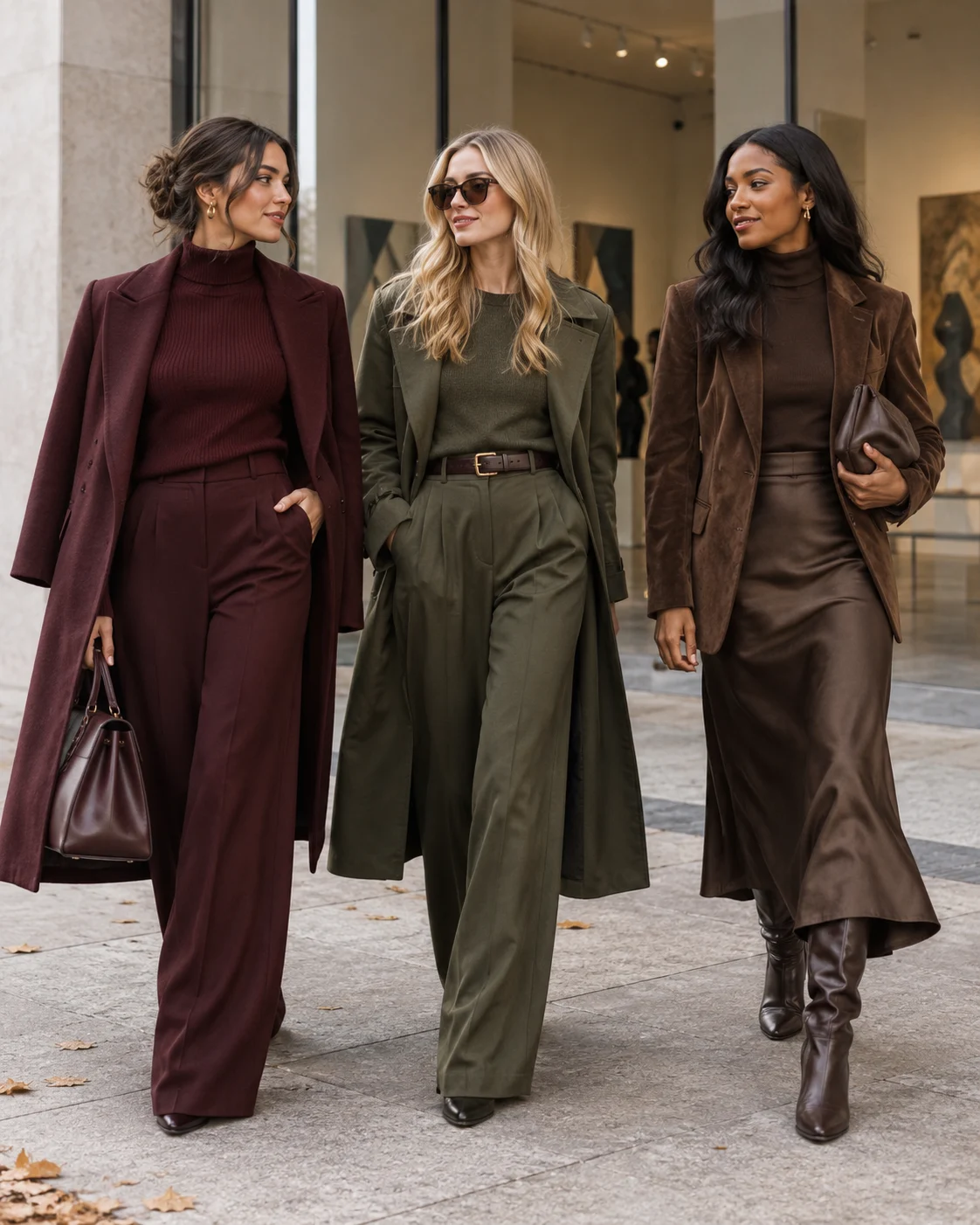 Three fall outfits in oxblood, olive and butter cream