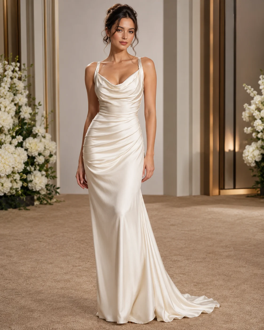 Woman in an ivory evening gown on a red carpet